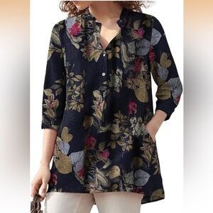 NWT ZANZEA Button Down V Neck 3/4 Sleeve Floral Blouse Cotton w/ Pockets Navy 2X